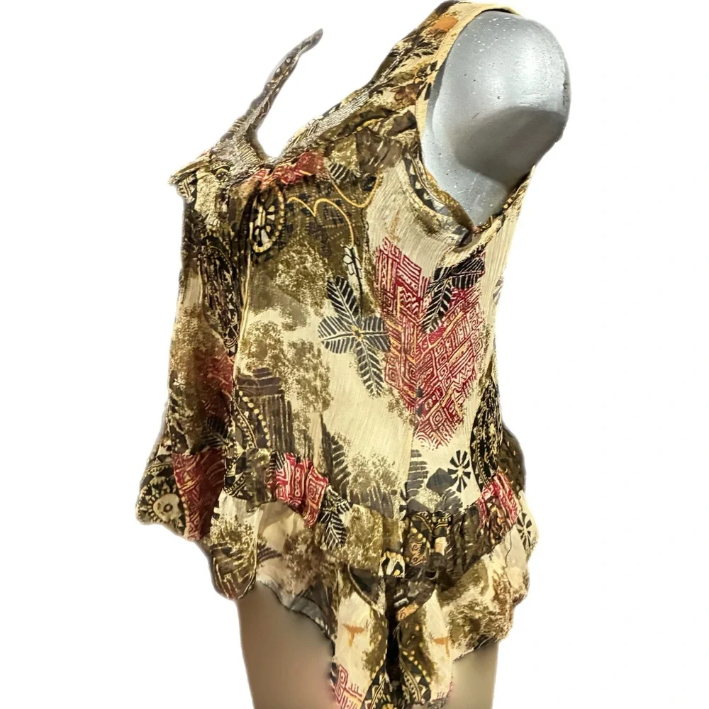 Y2K Vintage Solitaire Boho Ruffle Hem Blouse Tank Top Floral Beaded Neckline Lrg